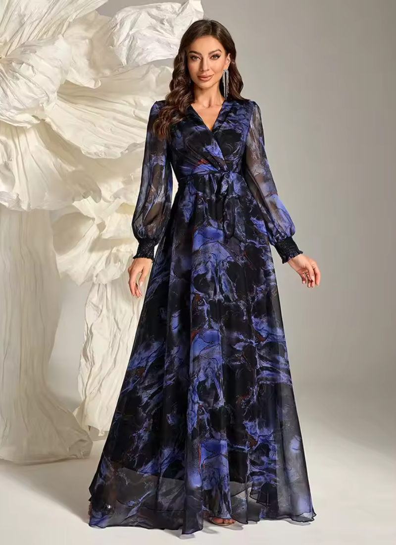Elegant Floral Print Casual Long Sleeve Belted Formal Party Maxi Dresses - Image 6
