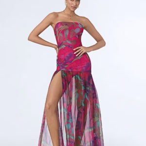 Elegant Floral Print Strapless Off-Shoulder Mesh Hem High Slit Dresses