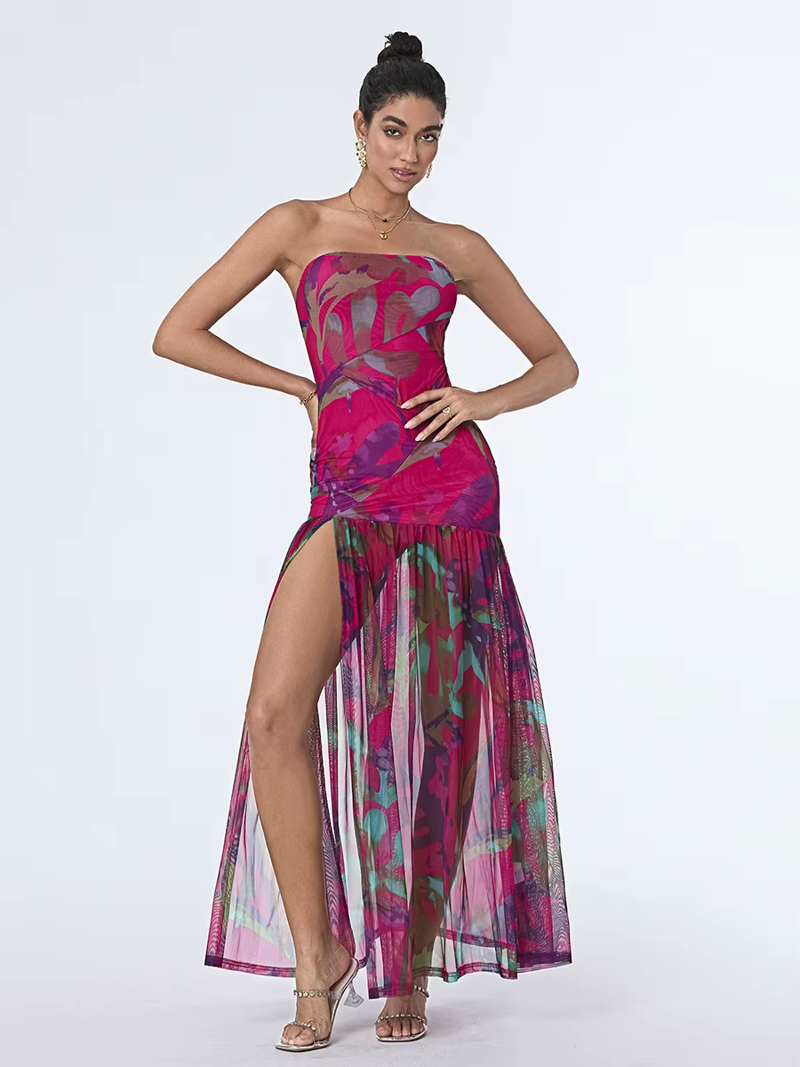 Elegant Floral Print Strapless Off-Shoulder Mesh Hem High Slit Dresses