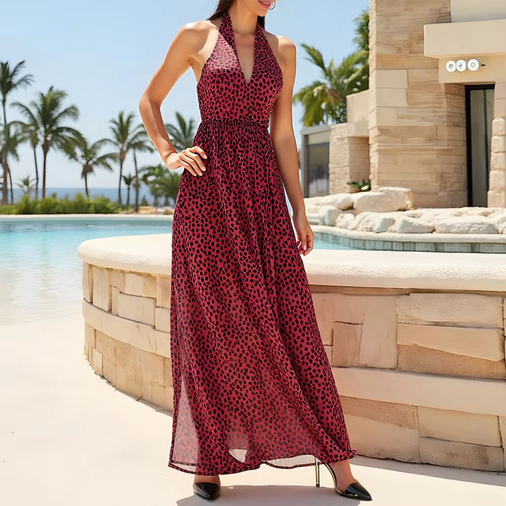 Elegant Gauze Ankle-Length Halter Neck Sleeveless Maxi Shift Dresses - Image 3