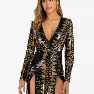 Elegant Geometric Pattern Deep V-neck Long Sleeve Sequin Mini Dress