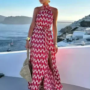 Elegant Halter Neck Boho Printed Sleeveless Maxi Dress