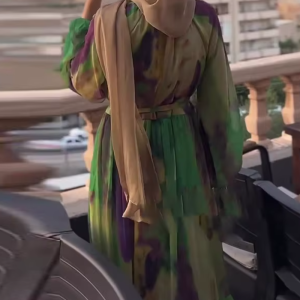 Elegant High Waist Lace Up Vintage O Neck Long Sleeved Print Pleated Dress