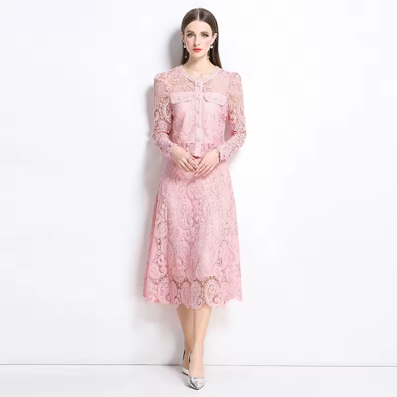 Elegant Hollow Out Pearl Embroidery Lace Top Midi Skirt Outfits Party Evening 2 Piece Sets - Image 5