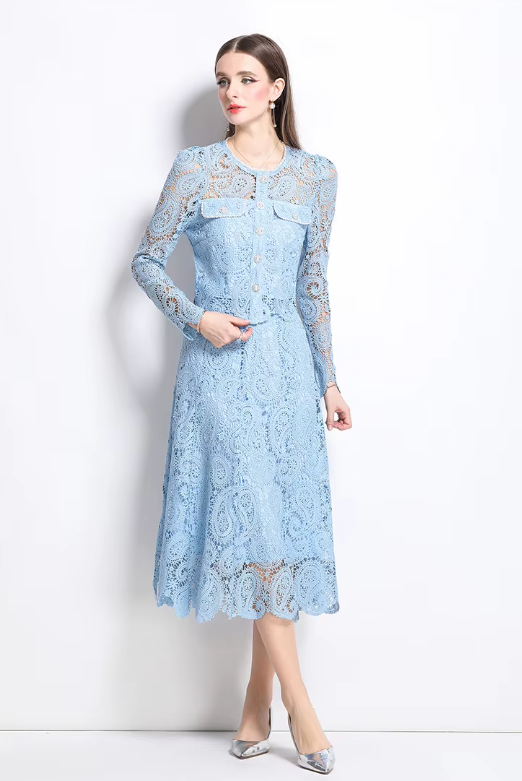 Elegant Hollow Out Pearl Embroidery Lace Top Midi Skirt Outfits Party Evening 2 Piece Sets - Image 10