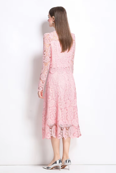 Elegant Hollow Out Pearl Embroidery Lace Top Midi Skirt Outfits Party Evening 2 Piece Sets - Image 8