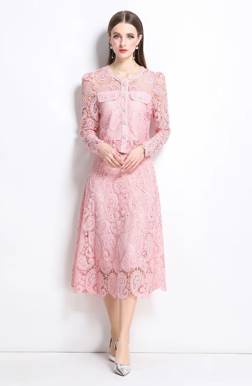 Elegant Hollow Out Pearl Embroidery Lace Top Midi Skirt Outfits Party Evening 2 Piece Sets - Image 7