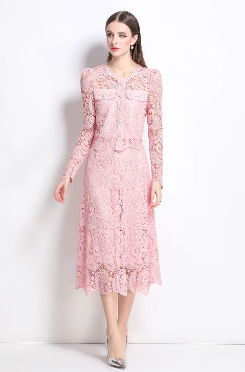 Elegant Hollow Out Pearl Embroidery Lace Top Midi Skirt Outfits Party Evening 2 Piece Sets - Image 6