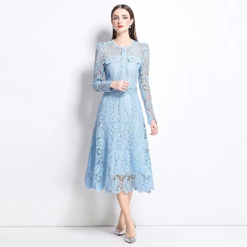Elegant Hollow Out Pearl Embroidery Lace Top Midi Skirt Outfits Party Evening 2 Piece Sets - Image 9