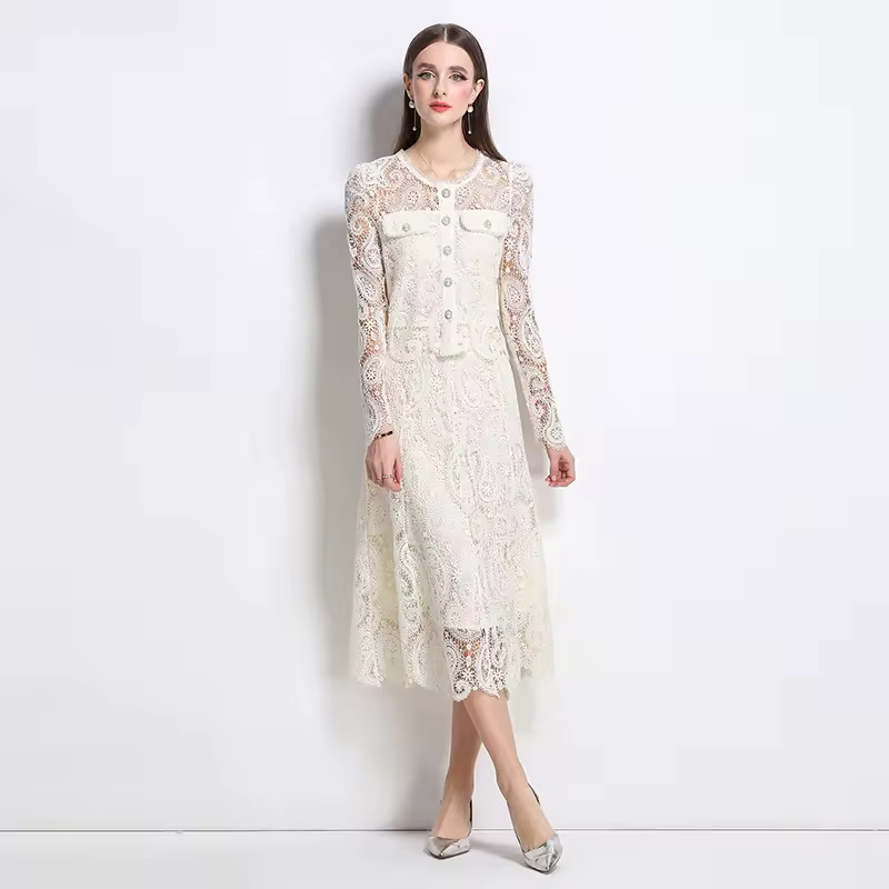 Elegant Hollow Out Pearl Embroidery Lace Top Midi Skirt Outfits Party Evening 2 Piece Sets