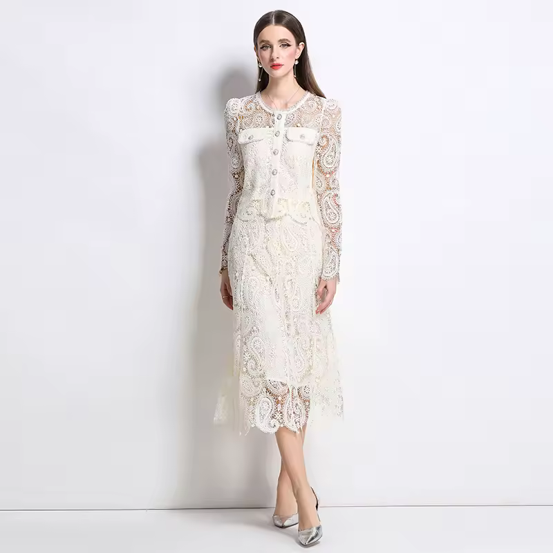 Elegant Hollow Out Pearl Embroidery Lace Top Midi Skirt Outfits Party Evening 2 Piece Sets - Image 3