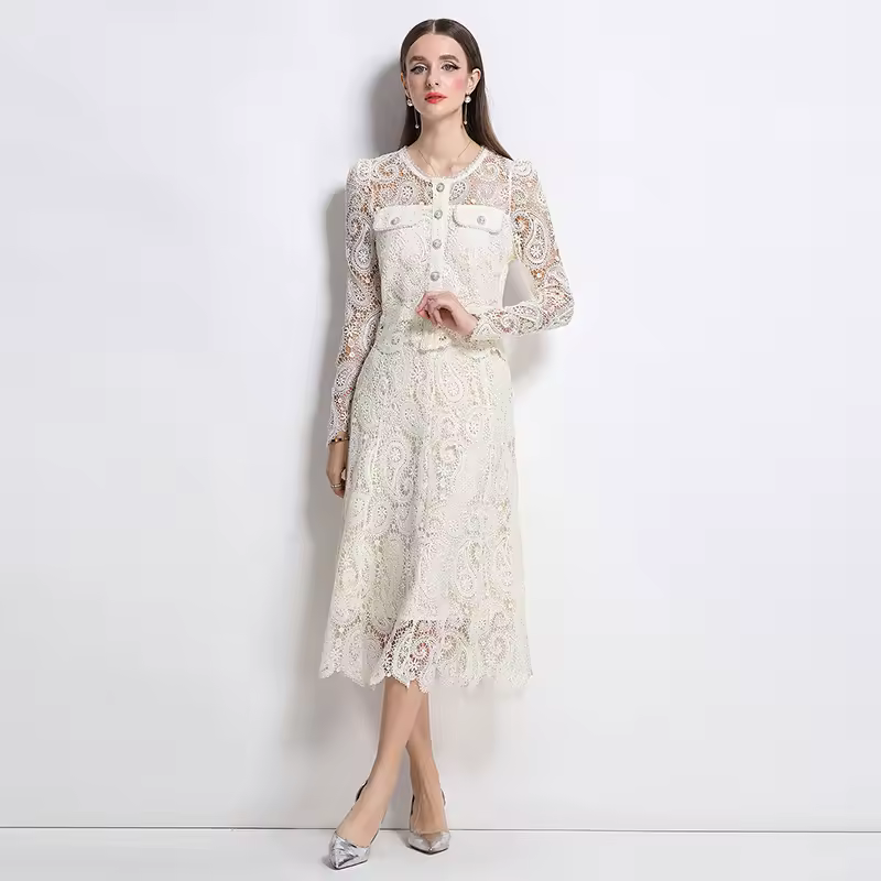 Elegant Hollow Out Pearl Embroidery Lace Top Midi Skirt Outfits Party Evening 2 Piece Sets - Image 2