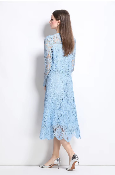 Elegant Hollow Out Pearl Embroidery Lace Top Midi Skirt Outfits Party Evening 2 Piece Sets - Image 12