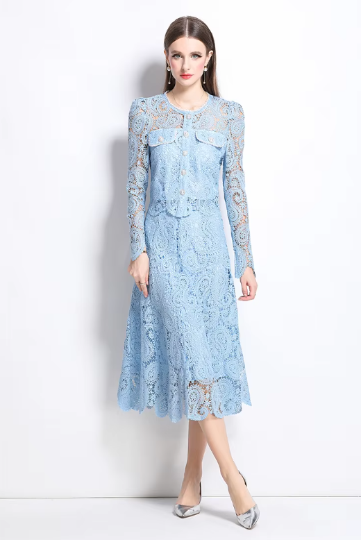 Elegant Hollow Out Pearl Embroidery Lace Top Midi Skirt Outfits Party Evening 2 Piece Sets - Image 11