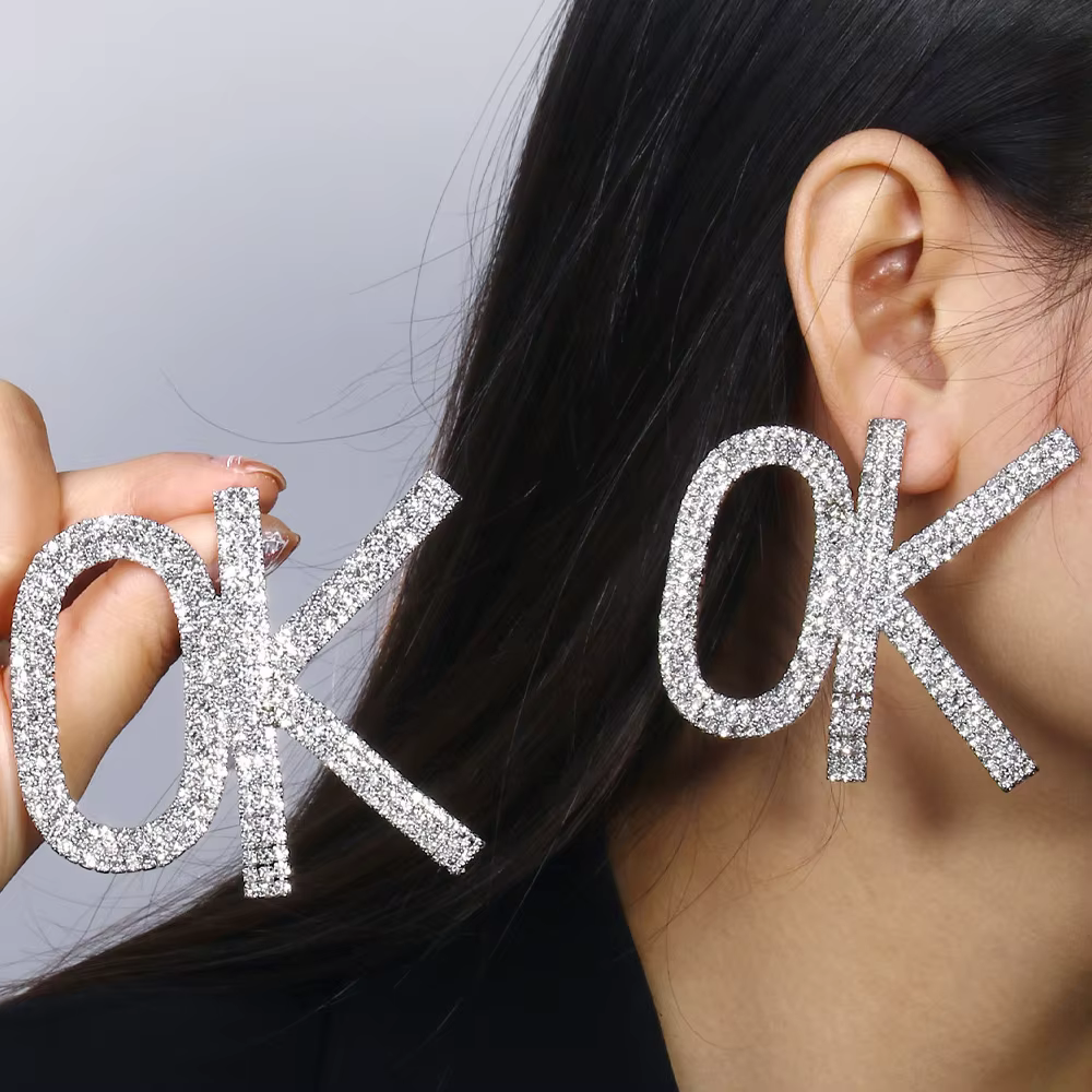 Elegant Hollow Shiny Rhinestone Statement Letter Large OK Earrings