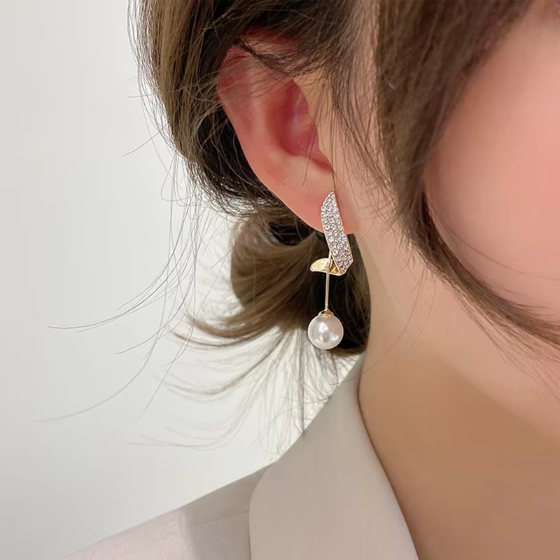 Elegant Imitation Pearl Dangle Trendy Rhinestones Geometry Leaf Drop Earrings