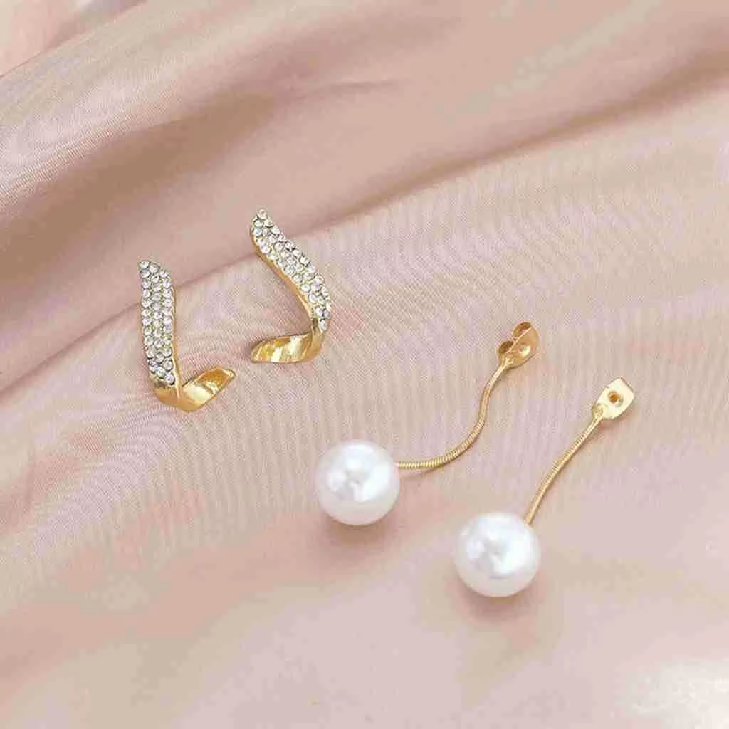 Elegant Imitation Pearl Dangle Trendy Rhinestones Geometry Leaf Drop Earrings - Image 3