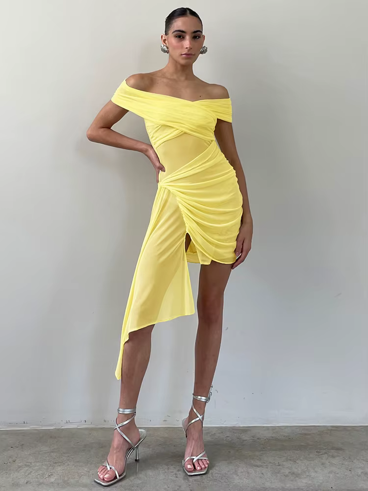 Elegant Irregular Off-shoulder Strapless Draped Ruched Bodycon Mini Dress - Image 2