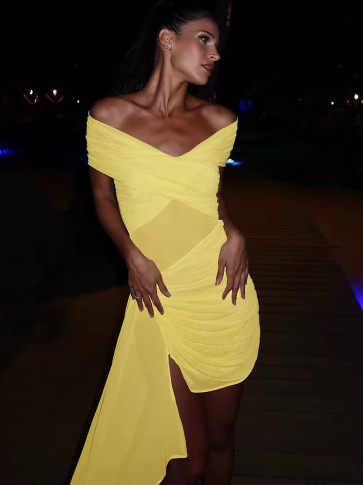 Elegant Irregular Off-shoulder Strapless Draped Ruched Bodycon Mini Dress - Image 16