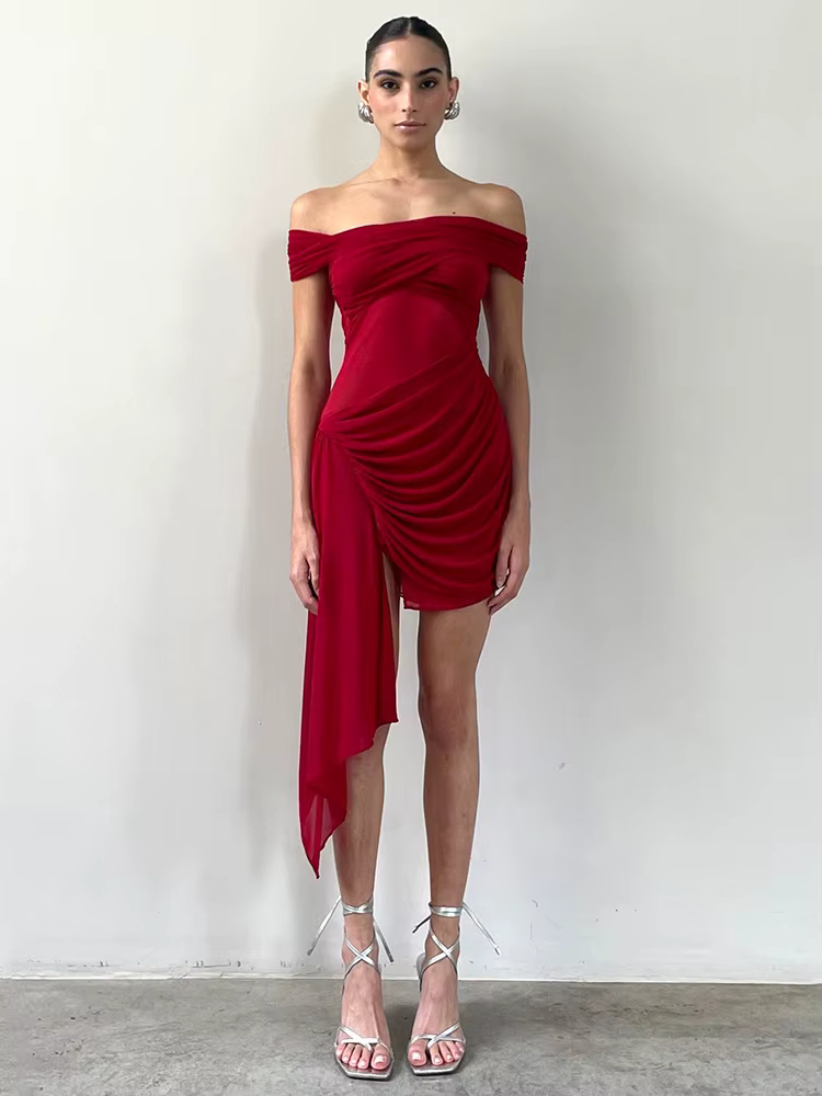 Elegant Irregular Off-shoulder Strapless Draped Ruched Bodycon Mini Dress - Image 17