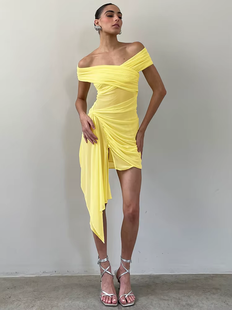 Elegant Irregular Off-shoulder Strapless Draped Ruched Bodycon Mini Dress - Image 3