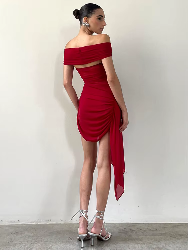 Elegant Irregular Off-shoulder Strapless Draped Ruched Bodycon Mini Dress - Image 20