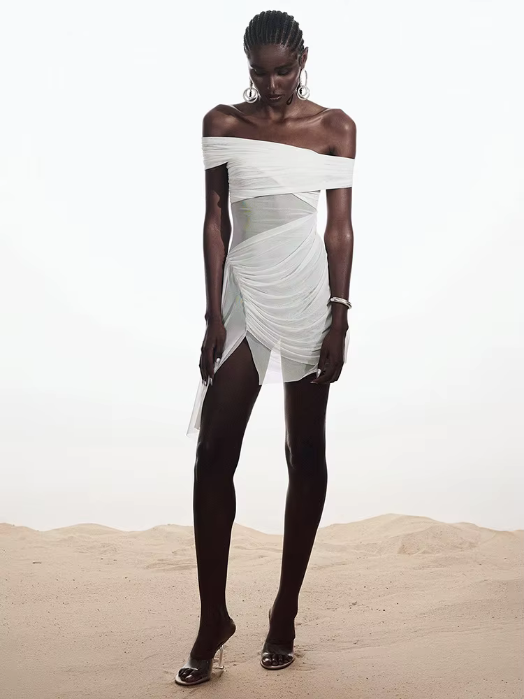 Elegant Irregular Off-shoulder Strapless Draped Ruched Bodycon Mini Dress - Image 22