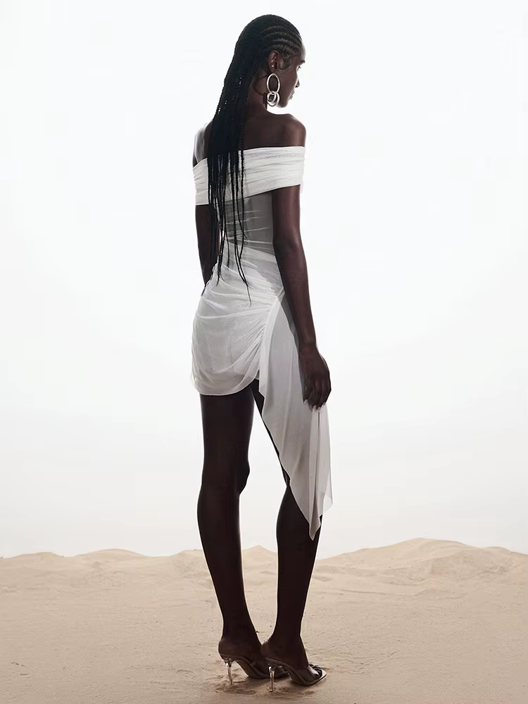 Elegant Irregular Off-shoulder Strapless Draped Ruched Bodycon Mini Dress - Image 24