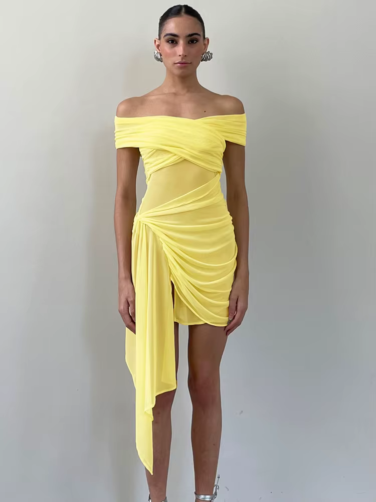 Elegant Irregular Off-shoulder Strapless Draped Ruched Bodycon Mini Dress - Image 4