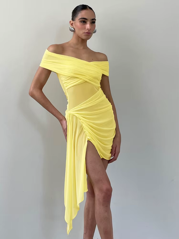 Elegant Irregular Off-shoulder Strapless Draped Ruched Bodycon Mini Dress - Image 5