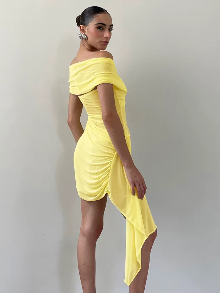 Elegant Irregular Off-shoulder Strapless Draped Ruched Bodycon Mini Dress - Image 6