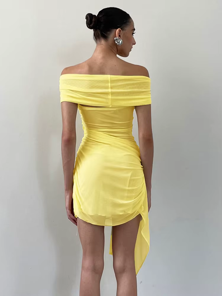 Elegant Irregular Off-shoulder Strapless Draped Ruched Bodycon Mini Dress - Image 7