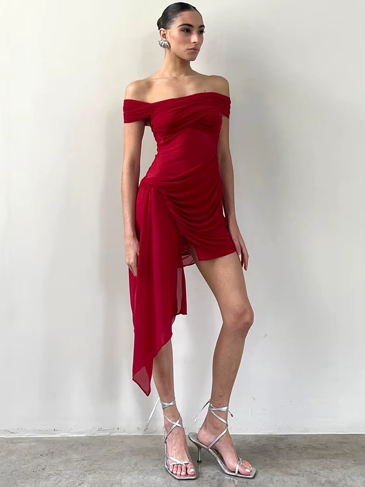Elegant Irregular Off-shoulder Strapless Draped Ruched Bodycon Mini Dress - Image 18