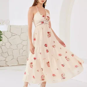 Elegant Lace Stitching V-neck Sleeveless Floral Dress