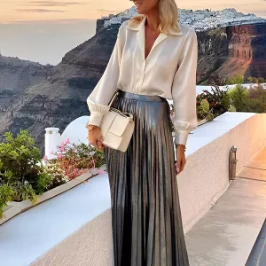 Elegant Lantern Sleeve Blouse And Pleated Maxi Skirt Vacation Two Piece Set