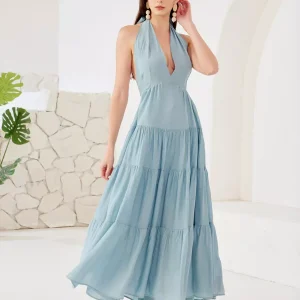 Elegant Layered A-line Halter Neck Boho Sleeveless Long Dress