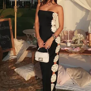 Elegant Leaf Embellished Strapless One-piece Swimsuit And Maxi Skirt Set