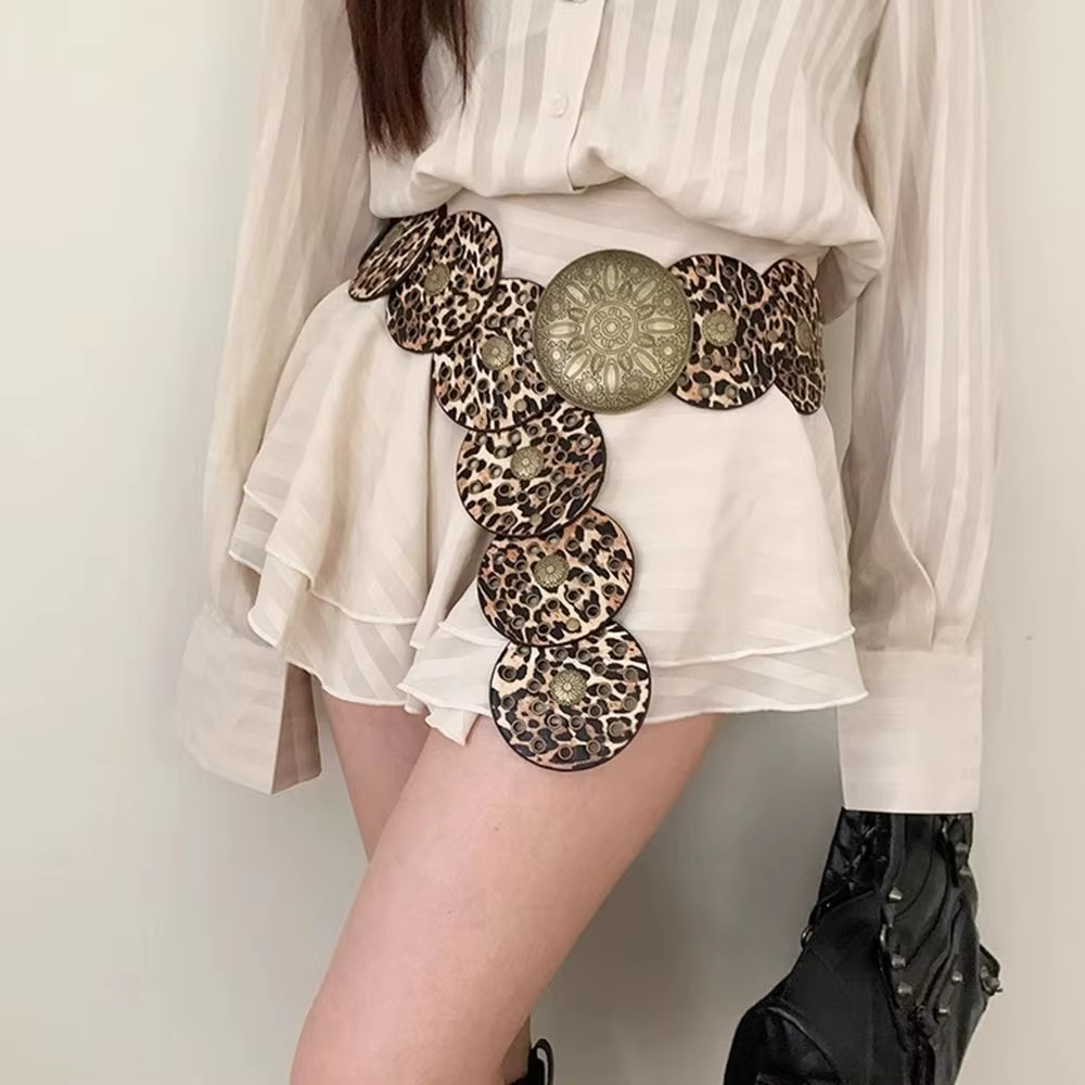 Elegant Leopard Elastic Waistband Cowgirl Buckle Waist Cover Punk Closure Wide Belt