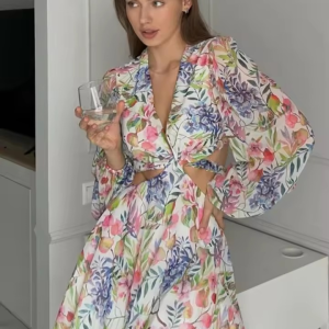 Elegant Loose Print V-Neck Classic Hollow Out Long Sleeve Mini Dresses