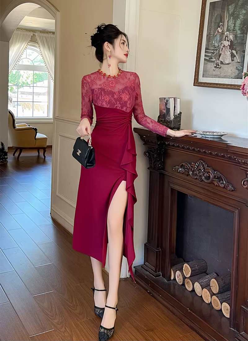 Elegant Luxury Fashion Evening Lace Sheer O-Neck Skinny Party Prom Long Dresses - Image 2