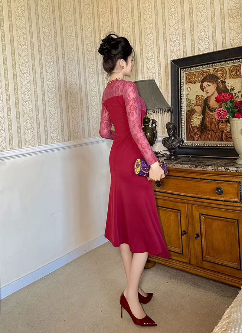 Elegant Luxury Fashion Evening Lace Sheer O-Neck Skinny Party Prom Long Dresses - Image 8