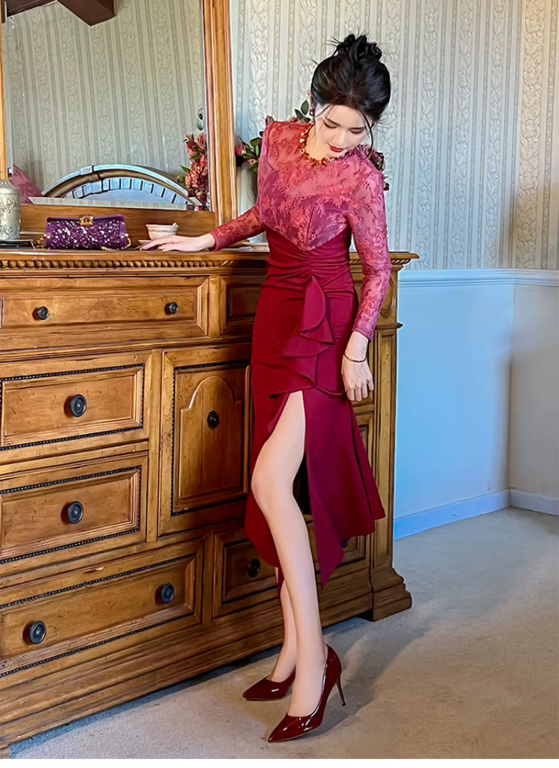 Elegant Luxury Fashion Evening Lace Sheer O-Neck Skinny Party Prom Long Dresses - Image 7