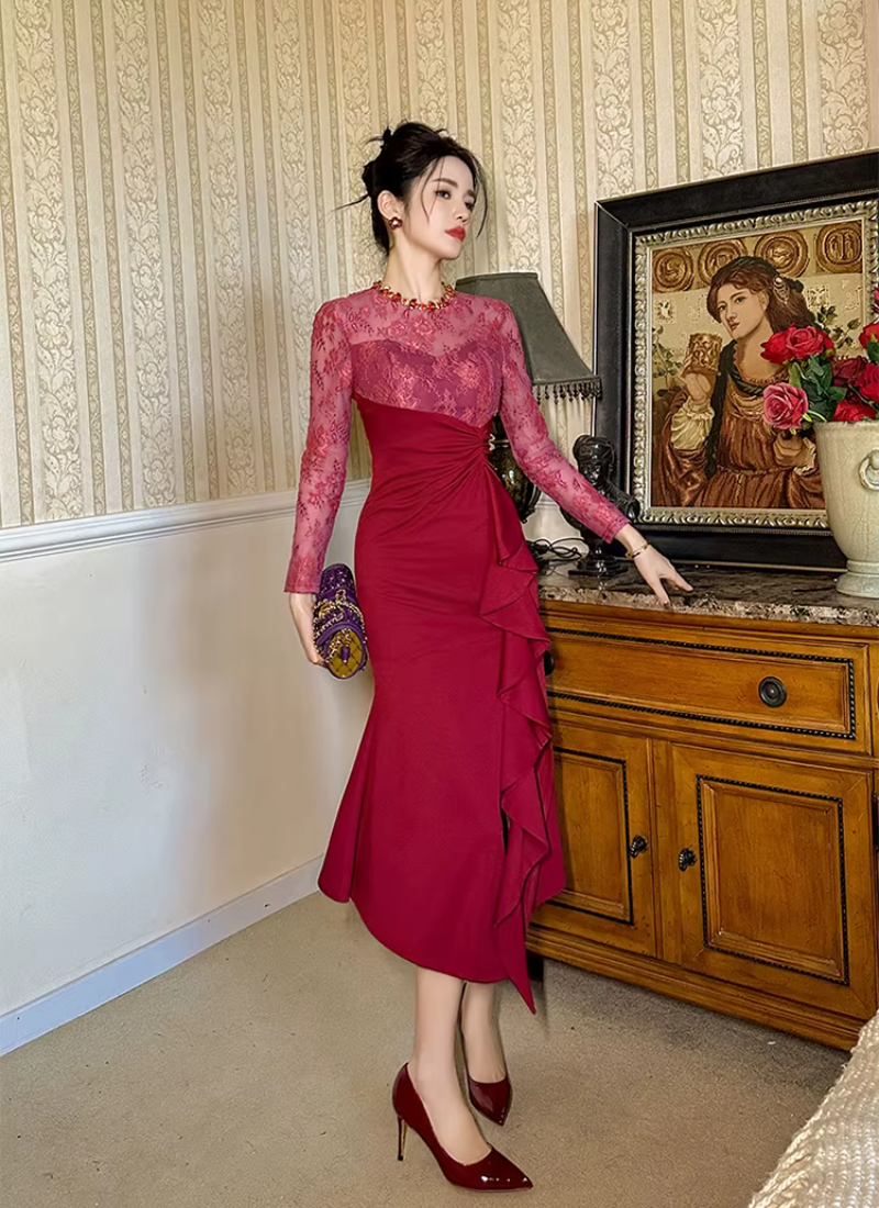 Elegant Luxury Fashion Evening Lace Sheer O-Neck Skinny Party Prom Long Dresses - Image 6