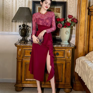 Elegant Luxury Fashion Evening Lace Sheer O-Neck Skinny Party Prom Long Dresses