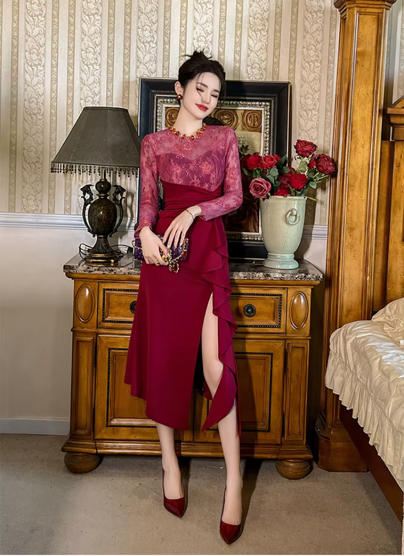 Elegant Luxury Fashion Evening Lace Sheer O-Neck Skinny Party Prom Long Dresses