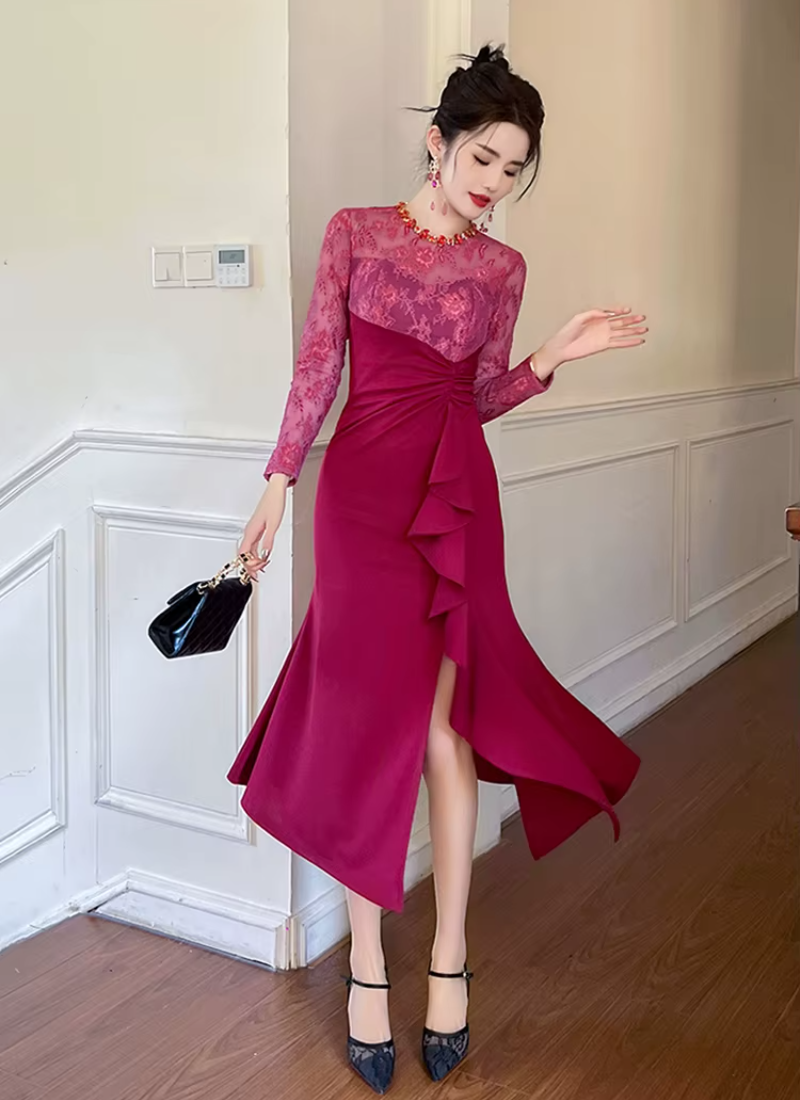 Elegant Luxury Fashion Evening Lace Sheer O-Neck Skinny Party Prom Long Dresses - Image 5