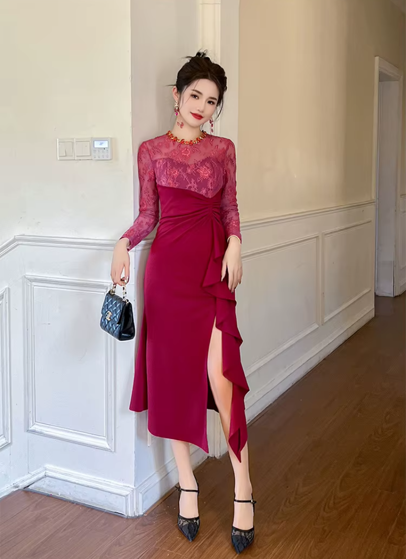 Elegant Luxury Fashion Evening Lace Sheer O-Neck Skinny Party Prom Long Dresses - Image 4