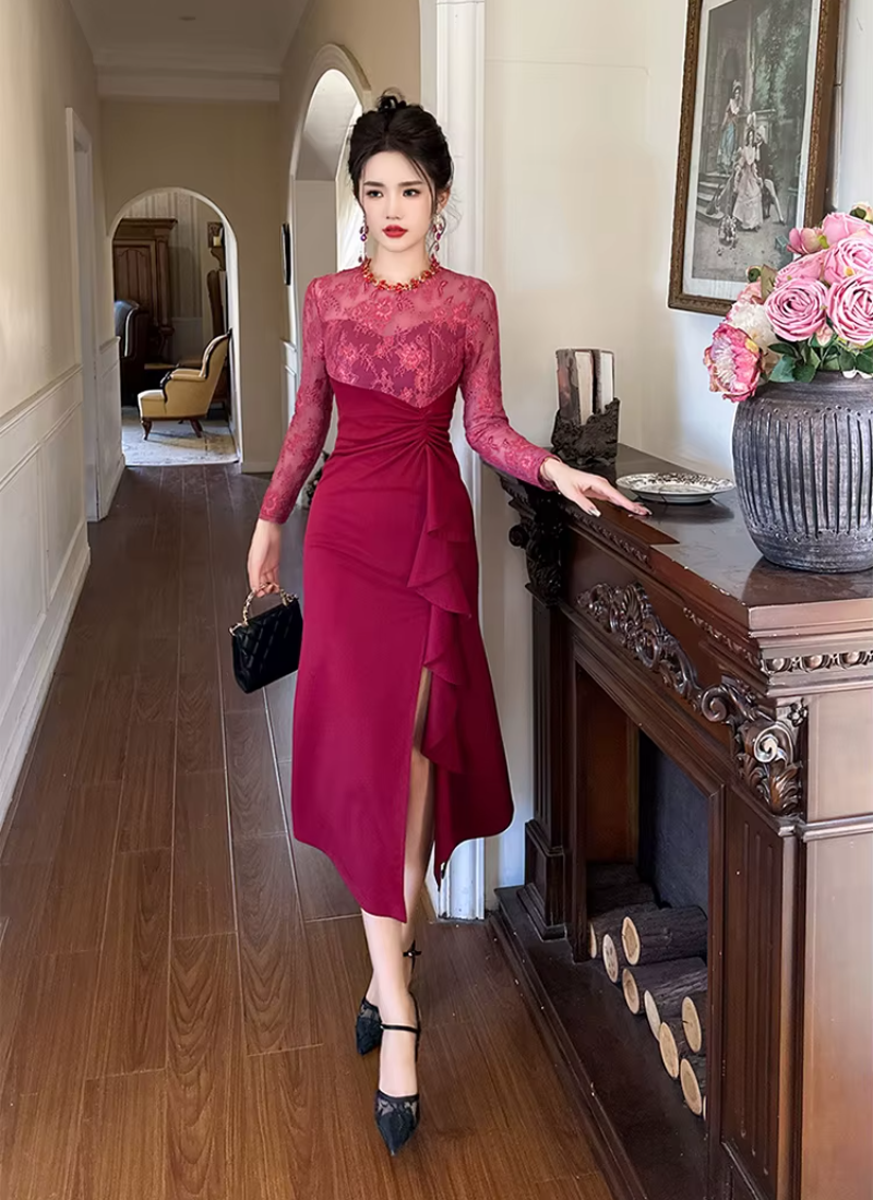 Elegant Luxury Fashion Evening Lace Sheer O-Neck Skinny Party Prom Long Dresses - Image 3