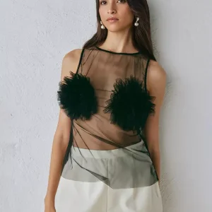 Elegant Mesh Clubwear Flower Sheer Long Sleeve Top