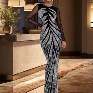 Elegant Mesh See Through Long Sleeve Diamonds O-neck Mermaid Maxi Dress